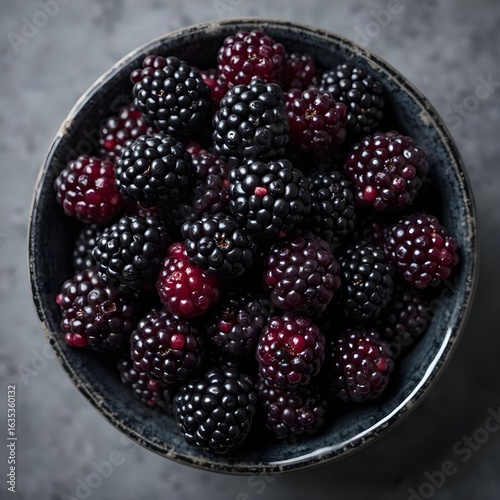 Blackberries in bowl, top view, high contrast food photography