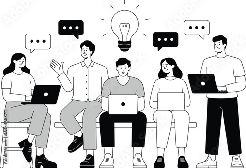 Young professionals working together, brainstorming ideas, laptop teamwork, online communication, modern office, creative collaboration, business discussion, digital workspace, innovation, success