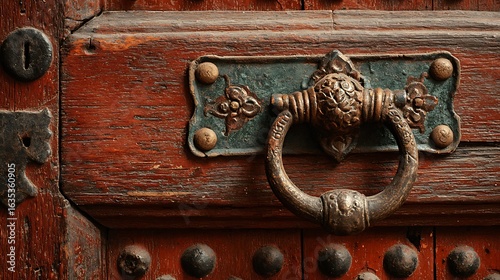 Close up of Ornate Metal Door Knocker on Aged Red Wooden Door