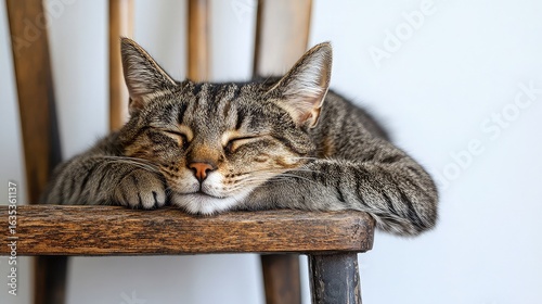 Gray tabby cat resting on a dark wood metal chair, set against a white background.
