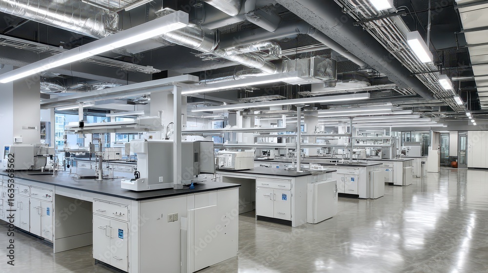 Naklejka premium Modern lab interior researchers working in a cleanroom