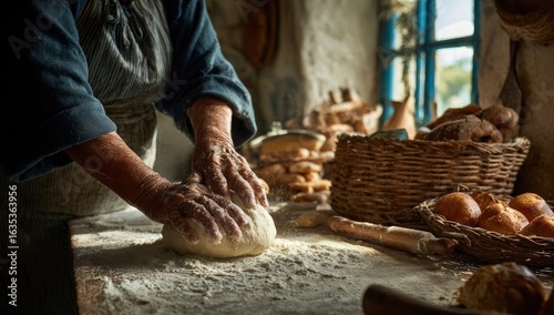 Elderly hands kneading dough in rustic bakery