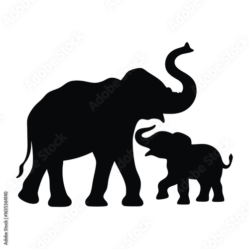 A silhouette of elephant with calf walking On white