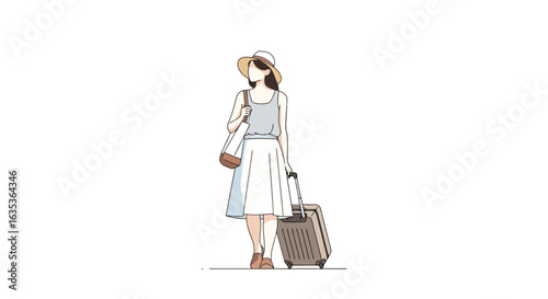 Minimalist Illustration: Woman Traveling with Suitcase