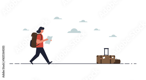Minimalist Traveler with Backpack and Luggage Illustration