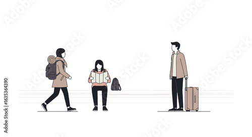 Minimalist Traveler Illustrations: Backpack, Map, & Suitcase