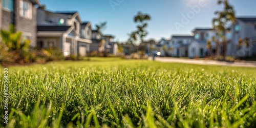 Close-up of lush green grass in front of suburban homes