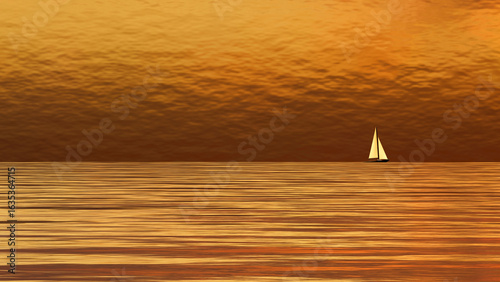 A small sailboat is sailing in a gold calm in sunset time (3D Rendering)