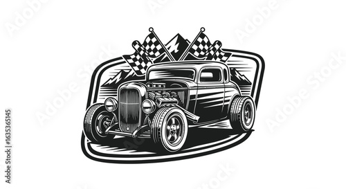 Vintage Racing Car with Checkered Flags Logo