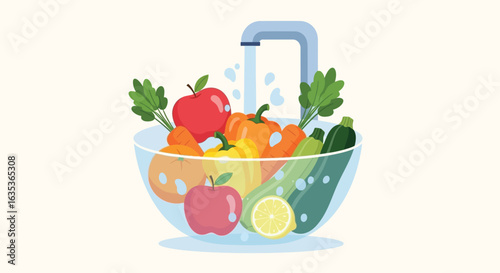 Fresh Fruits and Vegetables Being Washed Under Tap