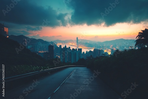 Cityscape at dawn, road curves into a panoramic view of a metropolis at sunrise, dramatic clouds