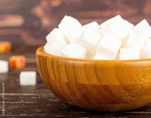 a pile of sugar in a bowl, with sugar grains scattered on the table.