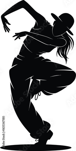 Dancer silhouette with hat and baggy pants black white