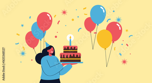 Joyful birthday celebration with balloons cake and confetti fun for everyone enjoying the party