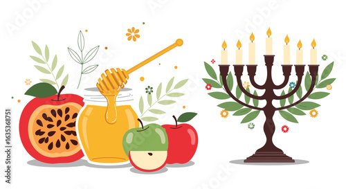 Symbolic rosh hashanah foods and menorah illustration for jewish new year celebrations featuring apples honey
