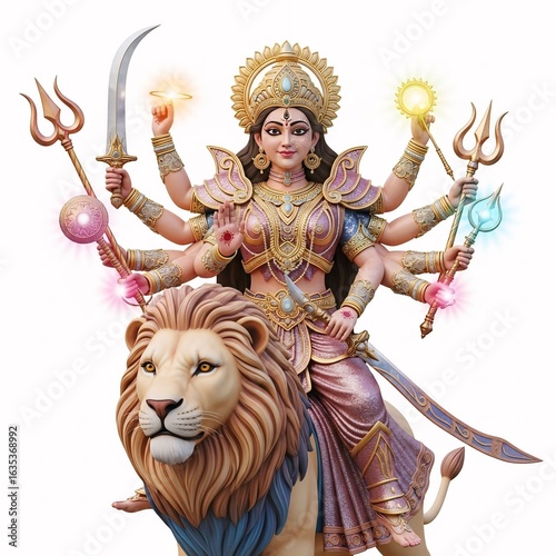 Hindu goddess durga with multiple arms riding a lion isolated on transparent background