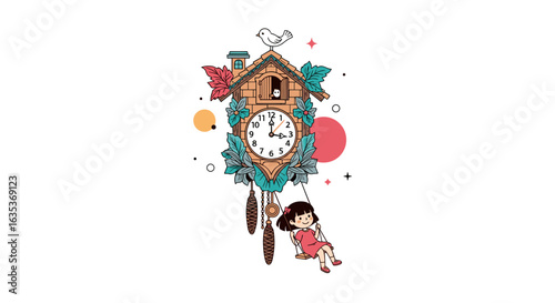 Charming cuckoo clock with a little girl on a swing and colorful decorative elements