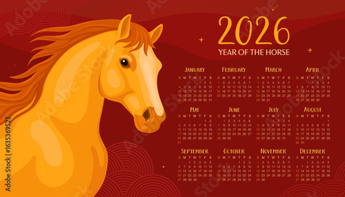 Calendar 2026. 12 months, starting from Sunday. New Year of the Horse, Lunar New Year or Chinese New Year. Yellow fiery horse on a red background. Horse head.