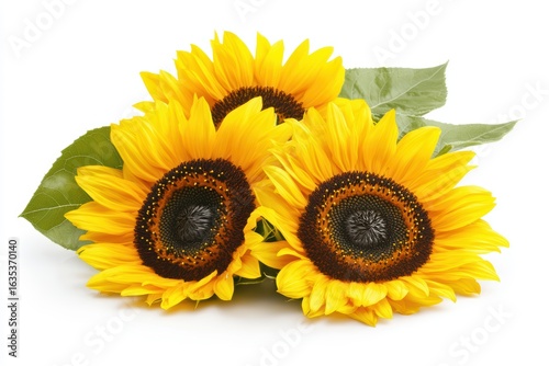 Bright Sunflowers with Green Leaves on White Background