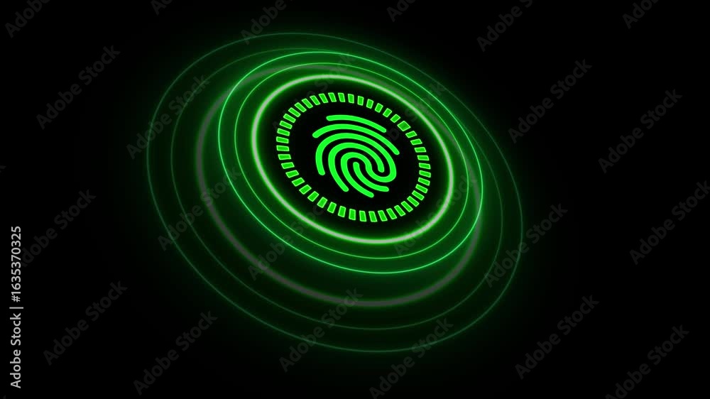 futuristic fingerprint scanner with glowing rings for biometric security animation,animated green fingerprint scanner with glowing rings for biometric authentication,hud interface element for bio.