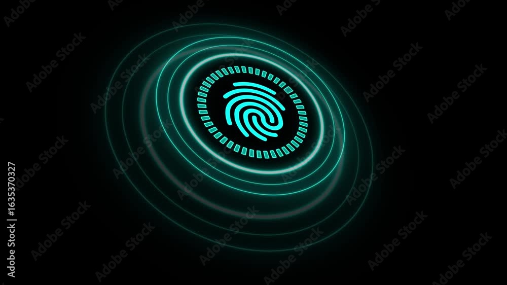 futuristic cyan fingerprint scanner with glowing rings for biometric security animation,animated cyan fingerprint scanner with glowing rings for biometric authentication,hud interface element for bio.