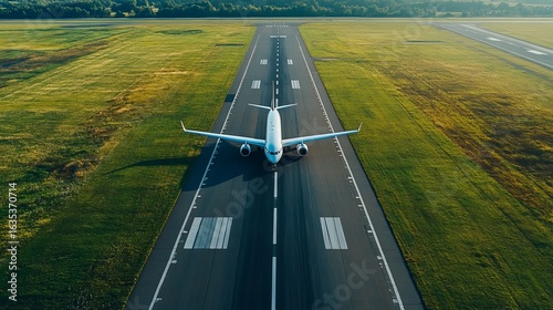 High-angle view of a jetliner on a runway