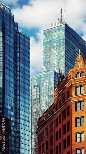 Modern and historic skyscrapers against a partly cloudy sky