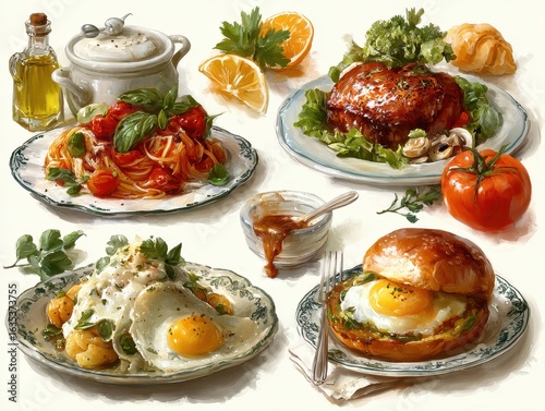 Delicious Food Painting: Pasta, Steak, Eggs