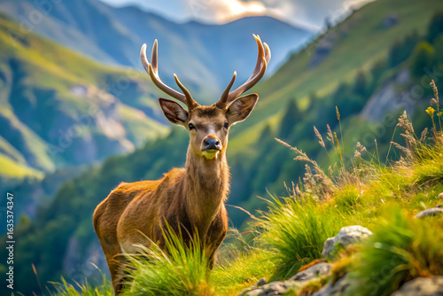 Deer looking at camera while grazing on grassy slope of Pyrenees mountain ridge on summer day in Spain