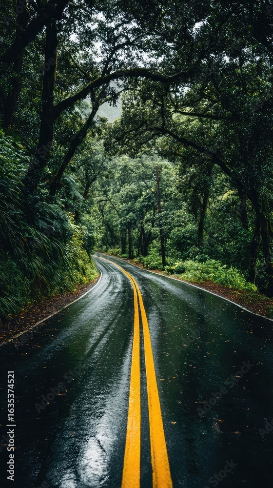 Fototapeta premium Rainy forest road winding through lush trees