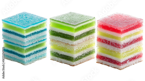 A vibrant and colorful tower of three stacked sugarcoated jelly gumdrop candies in pink, yellow, green, isolated on clean white background creating minimalist composition.