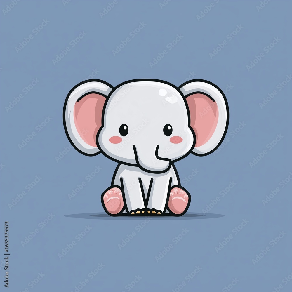 Fototapeta premium Adorable cartoon elephant logo in pastel colors on blue background, sitting with big eyes and pink ears, flat vector graphic with minimal design style, perfect for kids, baby brands, and clothing