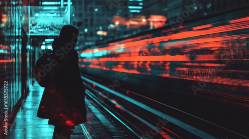 Silhouette figure waits at night train station.  Blurred motion train lights