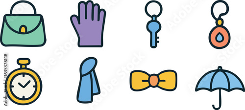 Set of colorful icons representing personal accessories and items.