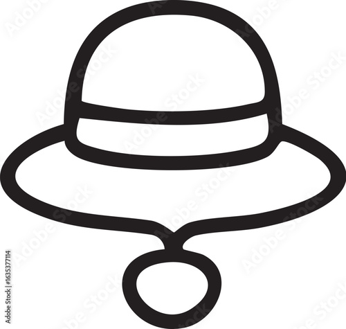 Simple black line icon of a classic womans hat with a strap.