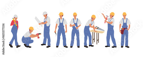 Construction workers engaged in various tasks on a job site during the day