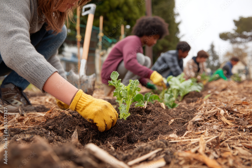 Fototapeta premium Afternoon in a community garden with fresh soil and tools nearby A group of teens are planting vegetables for families in need