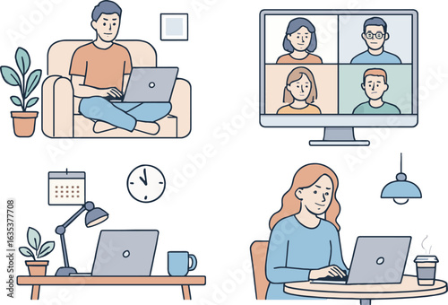 Remote Work Lifestyle Scenes. Home Office & Virtual Team Meeting Illustrations.