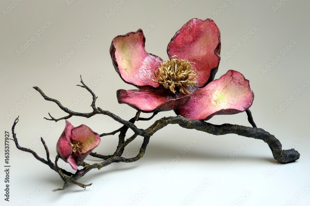 Fototapeta premium Intricate paper flower arrangement on a dark branch.