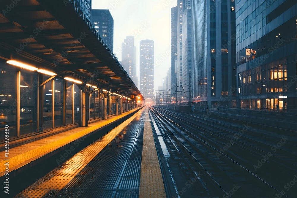 Fototapeta premium Urban train station platform at dawn. Foggy cityscape view