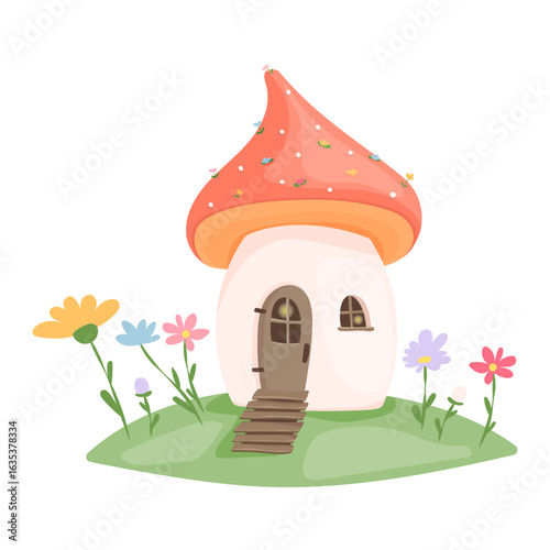 Cute vector mushroom shaped house with orange roof and tiny flowers around, standing on a grassy hill. Perfect for fairy tale themes, kids design and fantasy illustrations