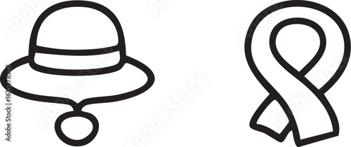 Simple Line Art Icons Hat and Awareness Ribbon.