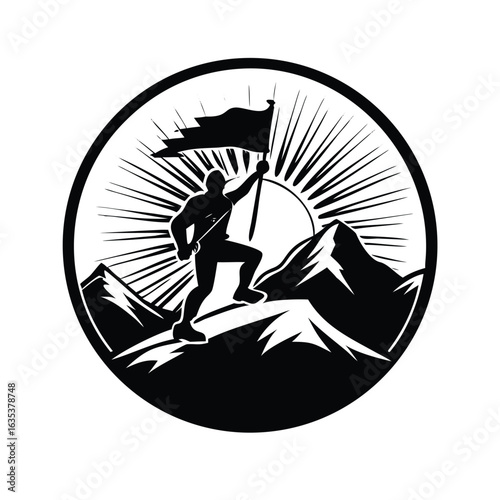 Mountain Climber Woodcut Vector Emblem - Summit & Adventure Badge Template