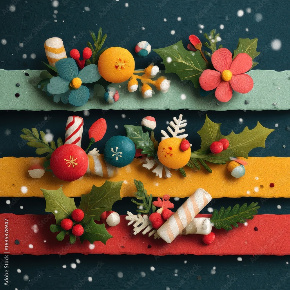 Fototapeta premium Colorful Christmas Decorations with Flowers and Candies on Dark Background
