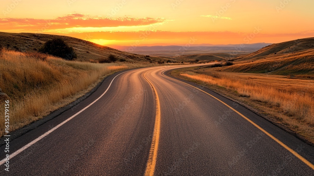 Naklejka premium Winding road at sunset through golden hills