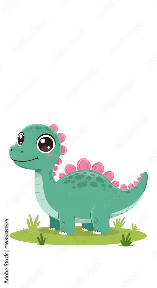 Obraz premium Cute Cartoon Dinosaur Illustration On Green Grass Isolated Transparent Background