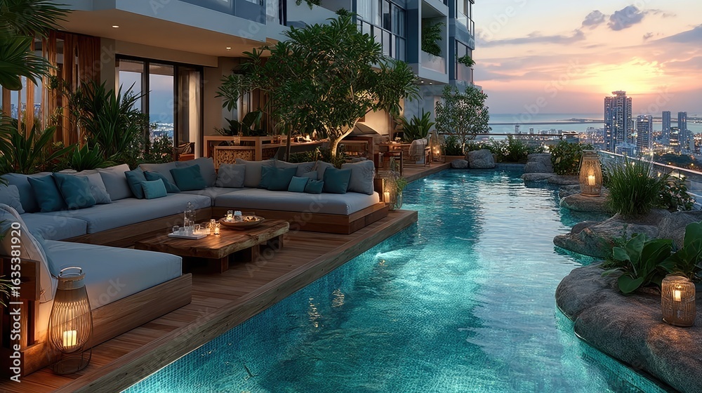 Fototapeta premium Rooftop pool deck with modern furnishings