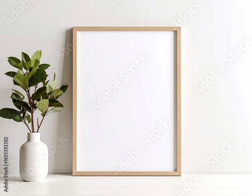 Minimalist Mockup Wooden Frame White Vase Green Leaves Clean Aesthetic.