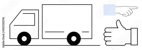 Delivery truck moving left accompanied by a pointing hand for direction and a thumbs-up for approval. Ideal for logistics, transportation, delivery services, driving instructions, teamwork, shipment