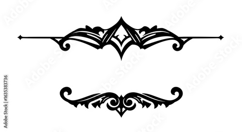 A set of two black vector dividers with a sharp, edgy fantasy style. Symmetrical ornaments with gothic flourishes, perfect for page headers, tattoos, and game interface design.